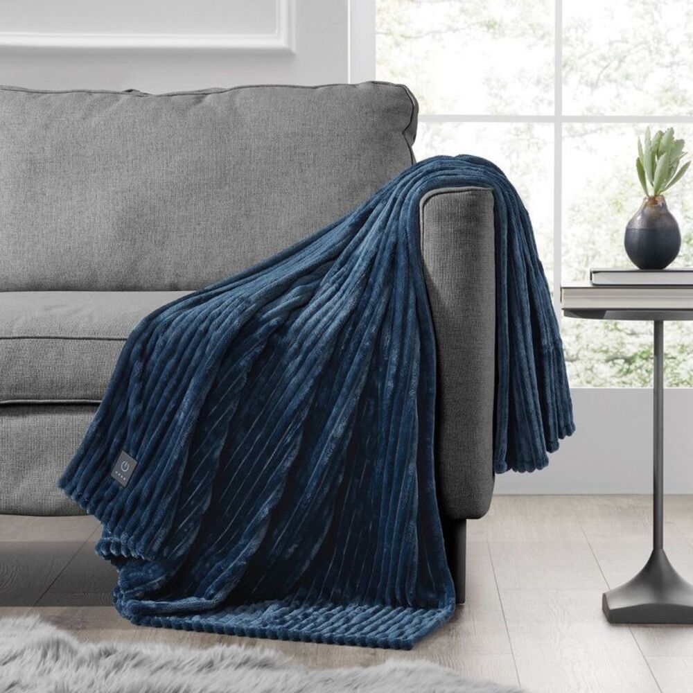 Brookstone -  Heated Solid Ribbed Plush Throw Navy Navy